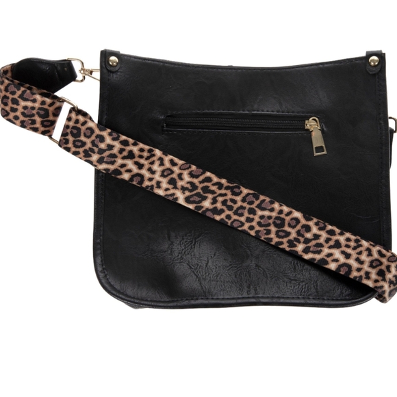 Black Faux Leather Crossbody Handbag With Leopard Strap - Picture 1 of 6